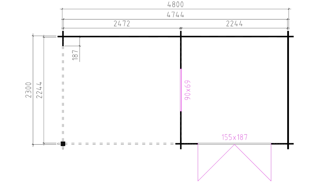 Technische plattegrond van tuinhuis Interflex 2525z met afmetingen en indeling van bergruimte en overkapping