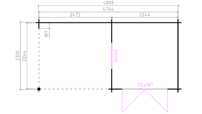Technische plattegrond van tuinhuis Interflex 2525z met afmetingen en indeling van bergruimte en overkapping