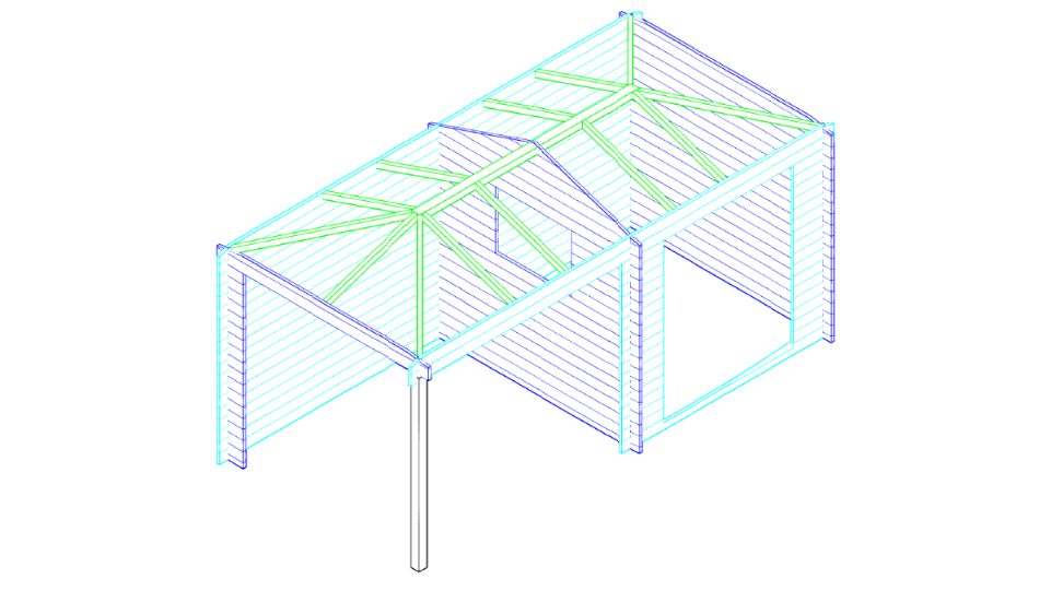 3D-tekening van houten tuinhuis Interflex 2525z met lessenaarsdak en dubbele overkapping