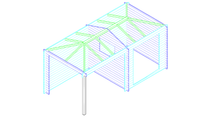 3D-tekening van houten tuinhuis Interflex 2525z met lessenaarsdak en dubbele overkapping