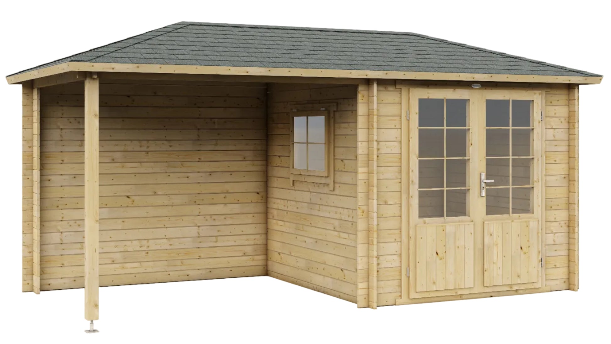 Tuinhuis Interflex 2525z van hout met aangebouwde veranda tegen witte achtergrond