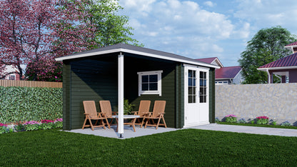 Donkergroen tuinhuis Interflex 2525z met overkapping en terras in onderhoudsarme achtertuin