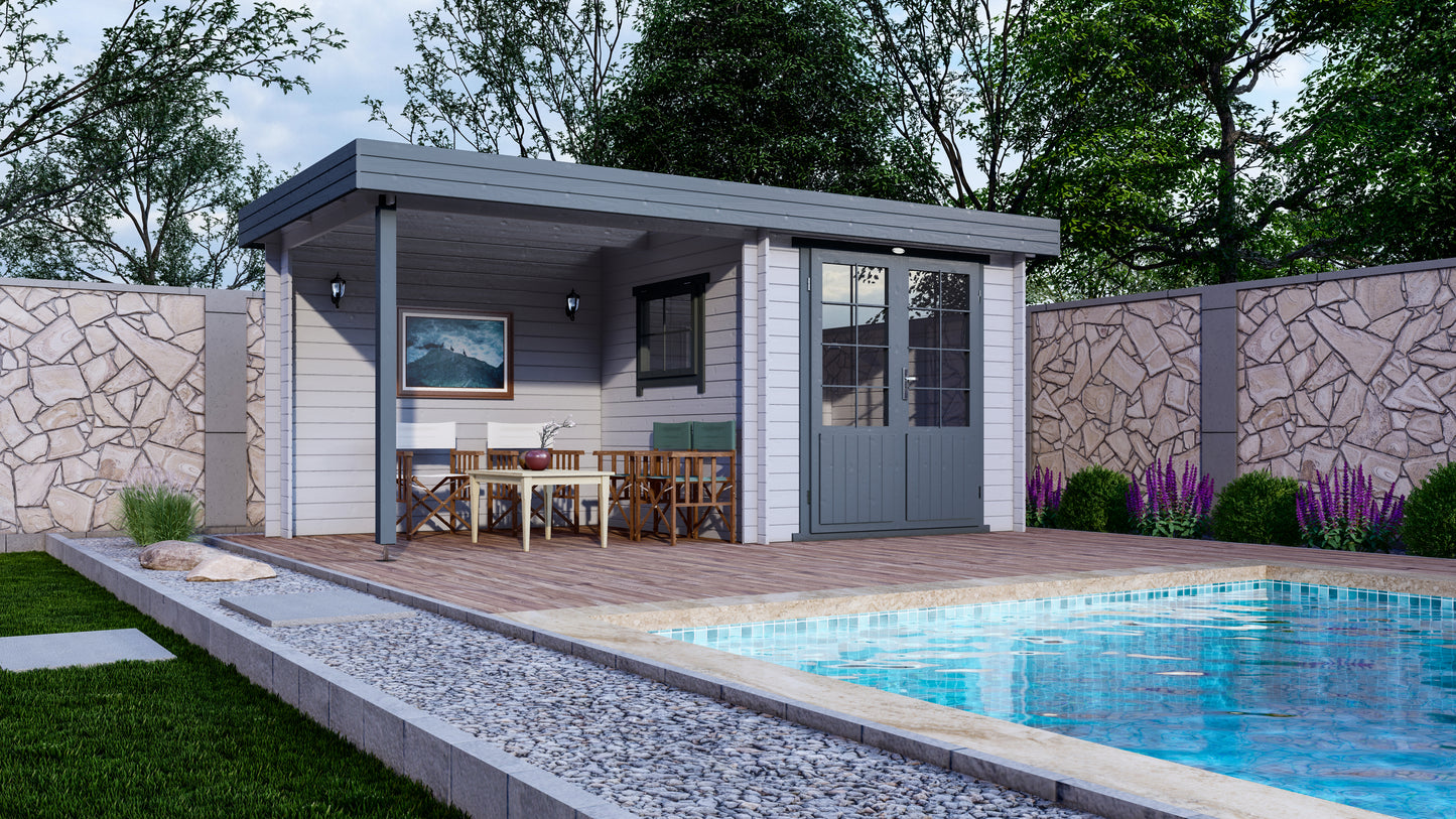 Luxe, duurzaam, modern, gecoat houten Interflex 2526Z tuinhuis met terras overkapping en berging bij zwembad 