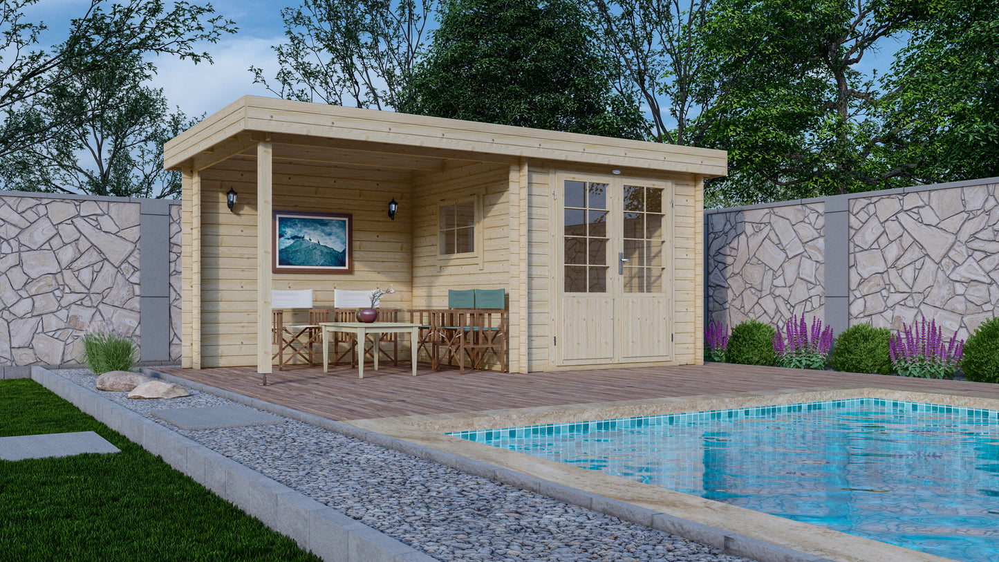 Luxe, duurzaam, modern houten Interflex 2526Z tuinhuis met overkapping en berging bij zwembad