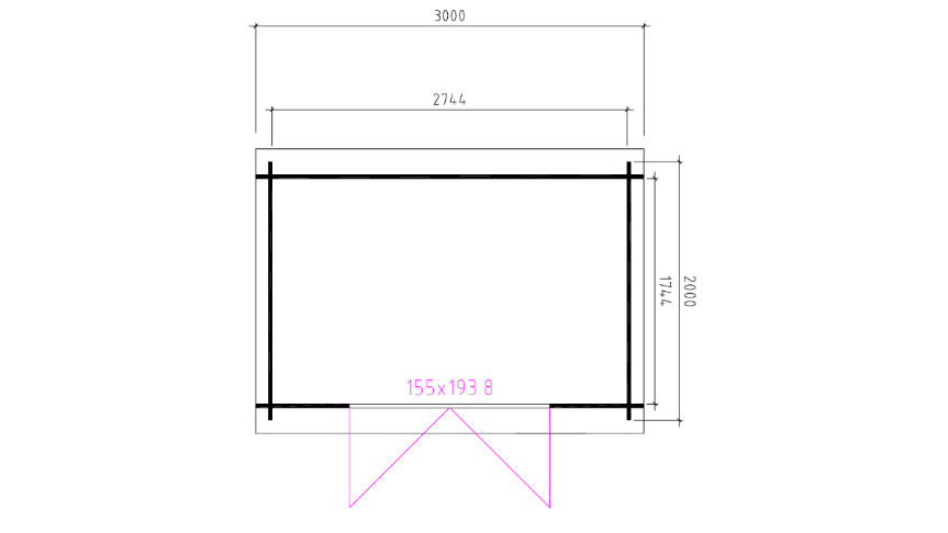 Technische plattegrond van tuinhuis Interflex 3020L met exacte afmetingen en deurpositie