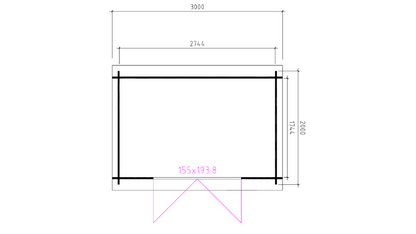 Technische plattegrond van tuinhuis Interflex 3020L met exacte afmetingen en deurpositie