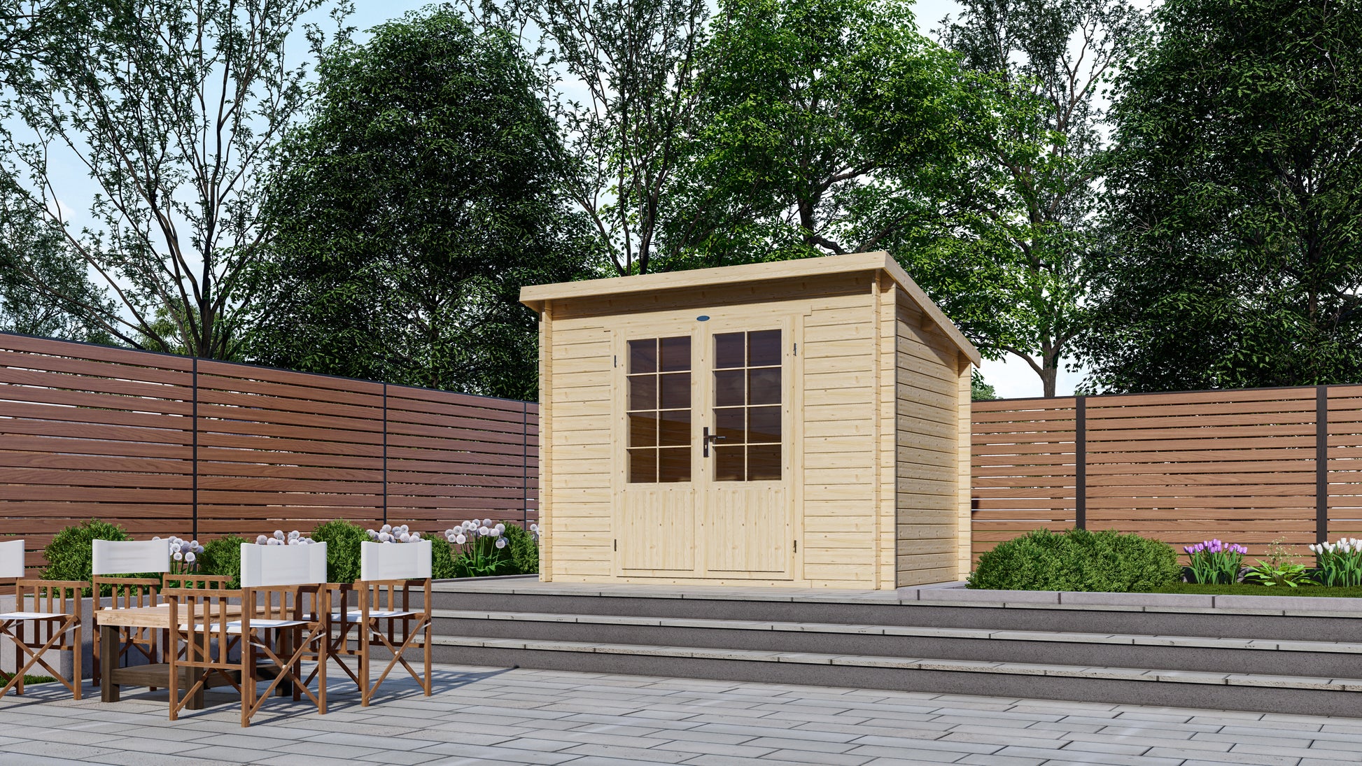 Houten tuinhuis Interflex 3020L op ruim terras met schutting en tuinset