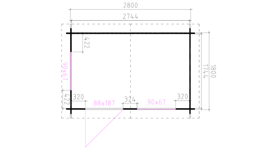 Technische plattegrond van tuinhuis Interflex 3020 met exacte buitenmaten en deurpositie