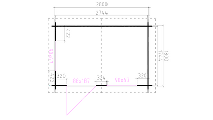 Technische plattegrond van tuinhuis Interflex 3020 met exacte buitenmaten en deurpositie