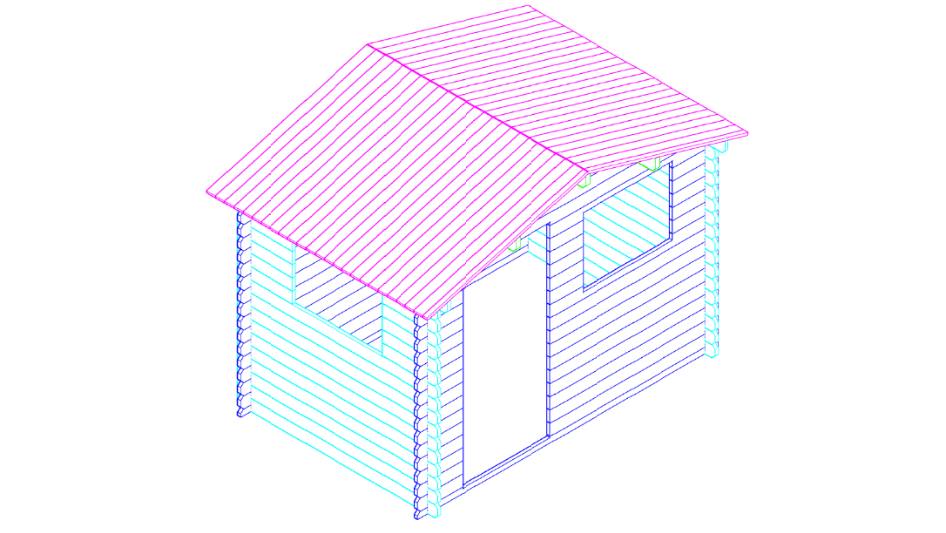 3D-tekening van houten tuinhuis Interflex 3020 met zadeldak en zijraam