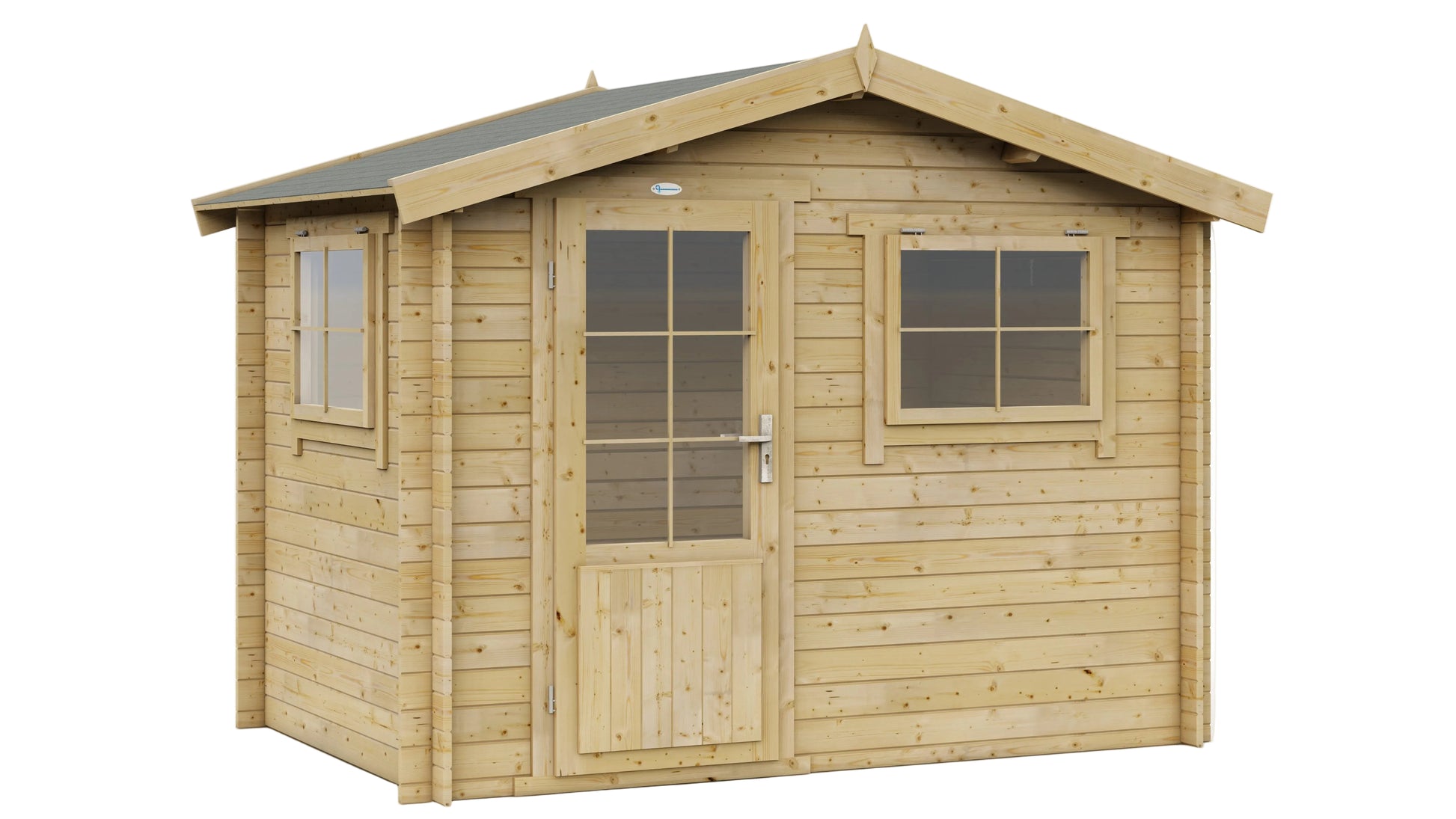 Losstaande houten blokhut Interflex 3020 met dubbele deur en ramen tegen witte achtergrond