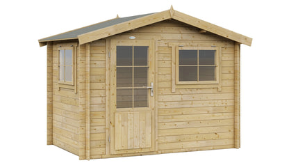 Losstaande houten blokhut Interflex 3020 met dubbele deur en ramen tegen witte achtergrond