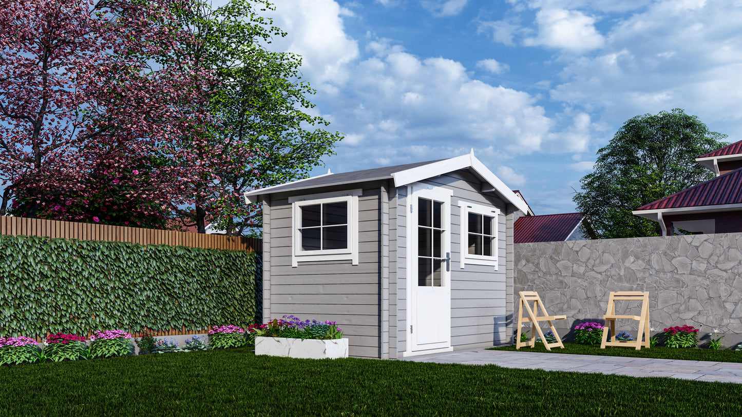 Compact tuinhuis Interflex 3020 met wit kozijn en loungeset op gras in achtertuin