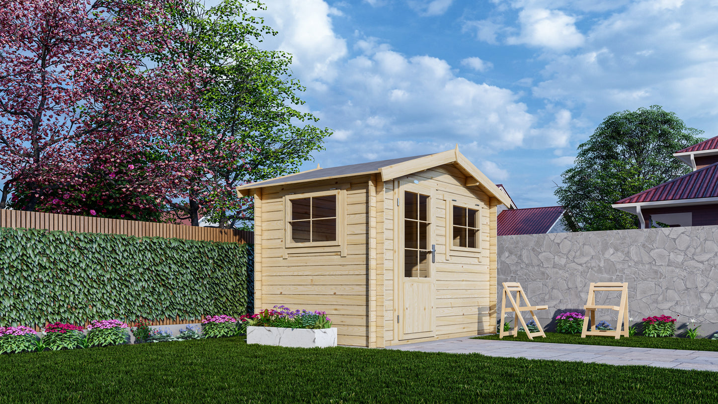 Houten tuinhuis Interflex 3020 in zonnige tuin met grasveld en kleurrijke bloemenborder
