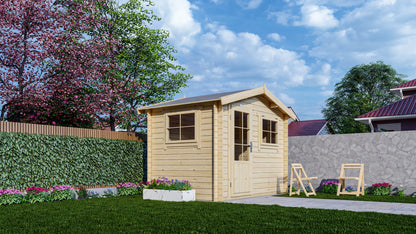 Houten tuinhuis Interflex 3020 in zonnige tuin met grasveld en kleurrijke bloemenborder