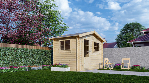 Houten tuinhuis Interflex 3020 in zonnige tuin met grasveld en kleurrijke bloemenborder