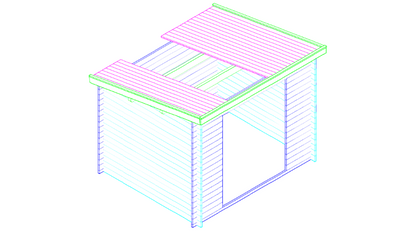 3D-tekening van modern tuinhuis Interflex 3025L met lessenaarsdak en grote deurpartij