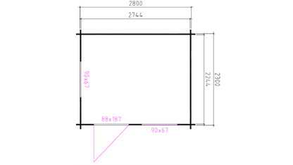 Plattegrond van tuinhuis Interflex 3026 met overkapping en zadeldak voor tuinopslag en zitruimte