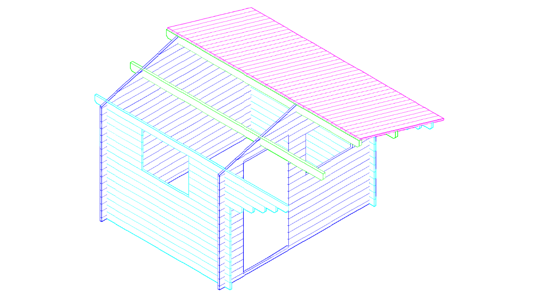 3D-tekening van tuinhuis Interflex 3026 met overkapping en zadeldak voor tuinopslag en zitruimte