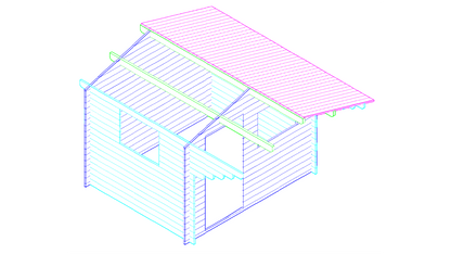 3D-tekening van tuinhuis Interflex 3026 met overkapping en zadeldak voor tuinopslag en zitruimte