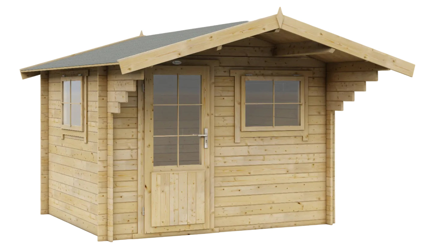 Houten tuinhuis Interflex 3026 met luifel en ramen voor extra daglicht in de tuin