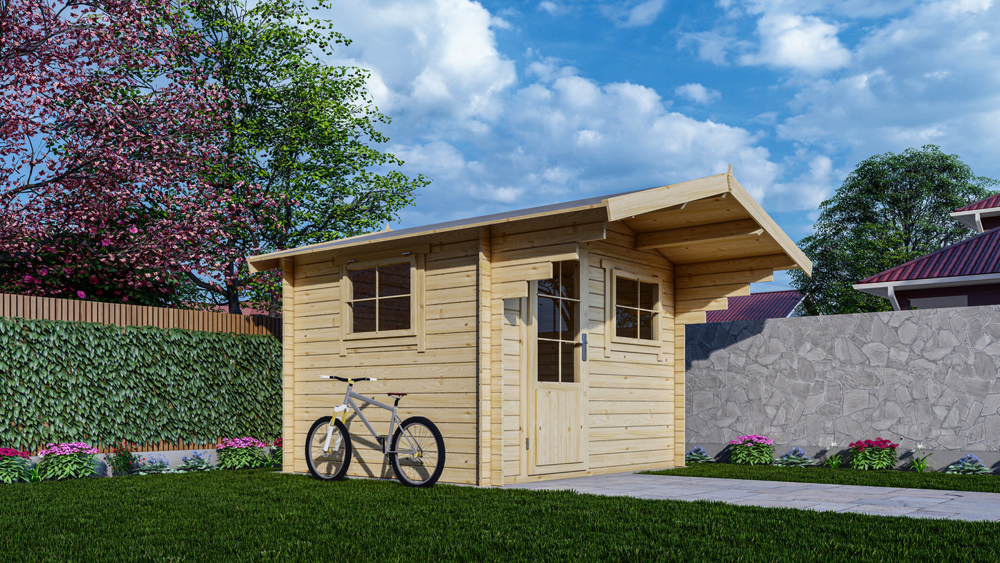 Tuinhuis Interflex 3026 met overkapping in moderne tuin met groen gazon en fietsenstalling
