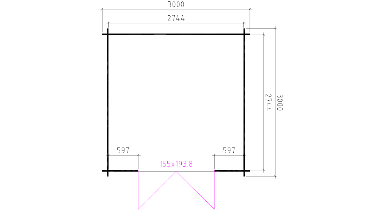 Technische plattegrond van tuinhuis Interflex 3030L met exacte buitenmaten en deurpositie