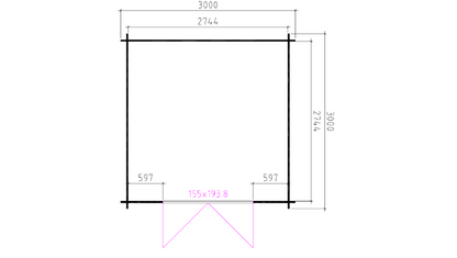Technische plattegrond van tuinhuis Interflex 3030L met exacte buitenmaten en deurpositie