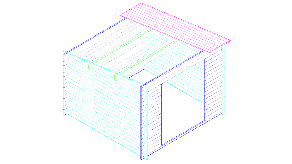 3D-tekening van modern tuinhuis Interflex 3030L met lessenaarsdak en zijramen