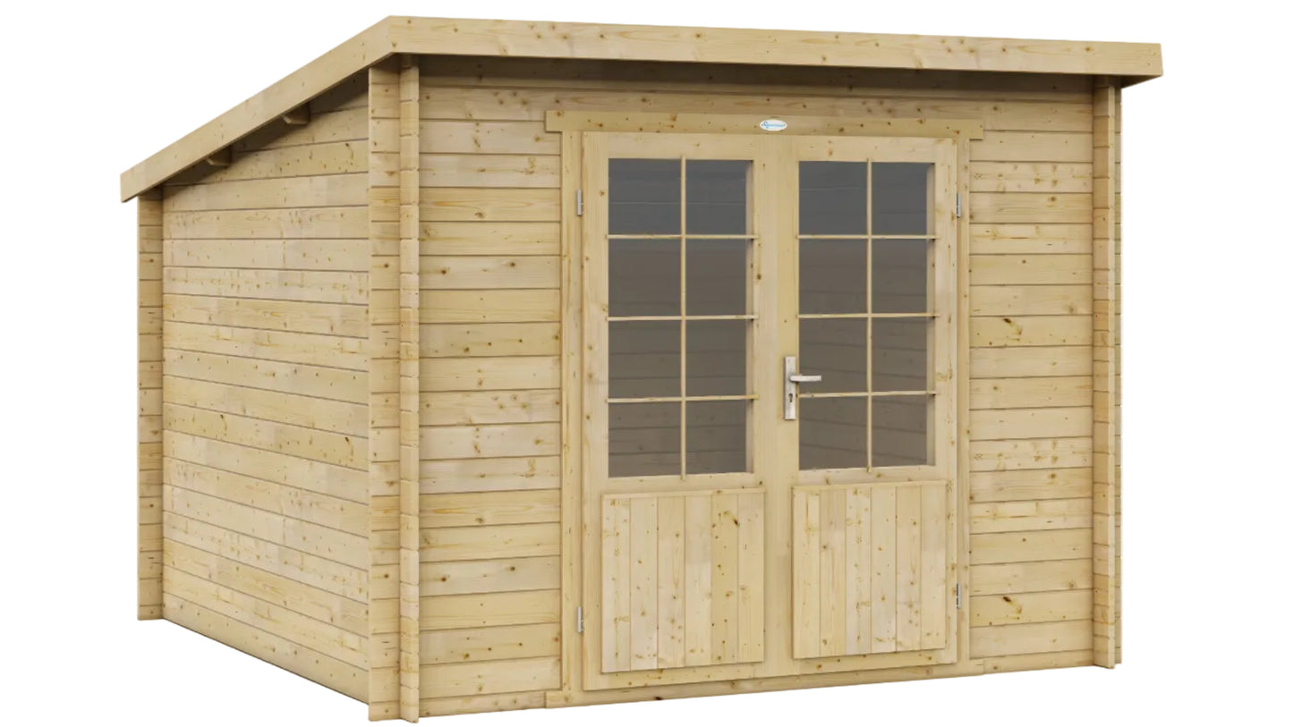 Losstaande houten blokhut Interflex 3030L met dubbele deur en ramen tegen witte achtergrond