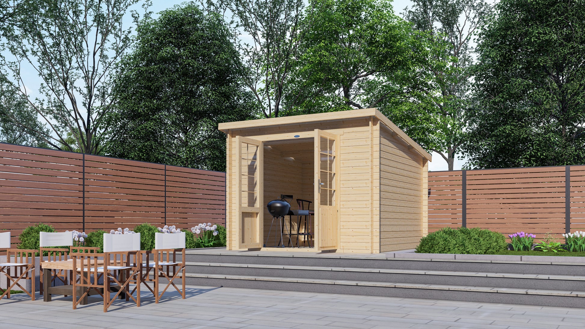 Houten tuinhuis Interflex 3030L in sfeervolle tuin op ruim terras met openslaande deuren