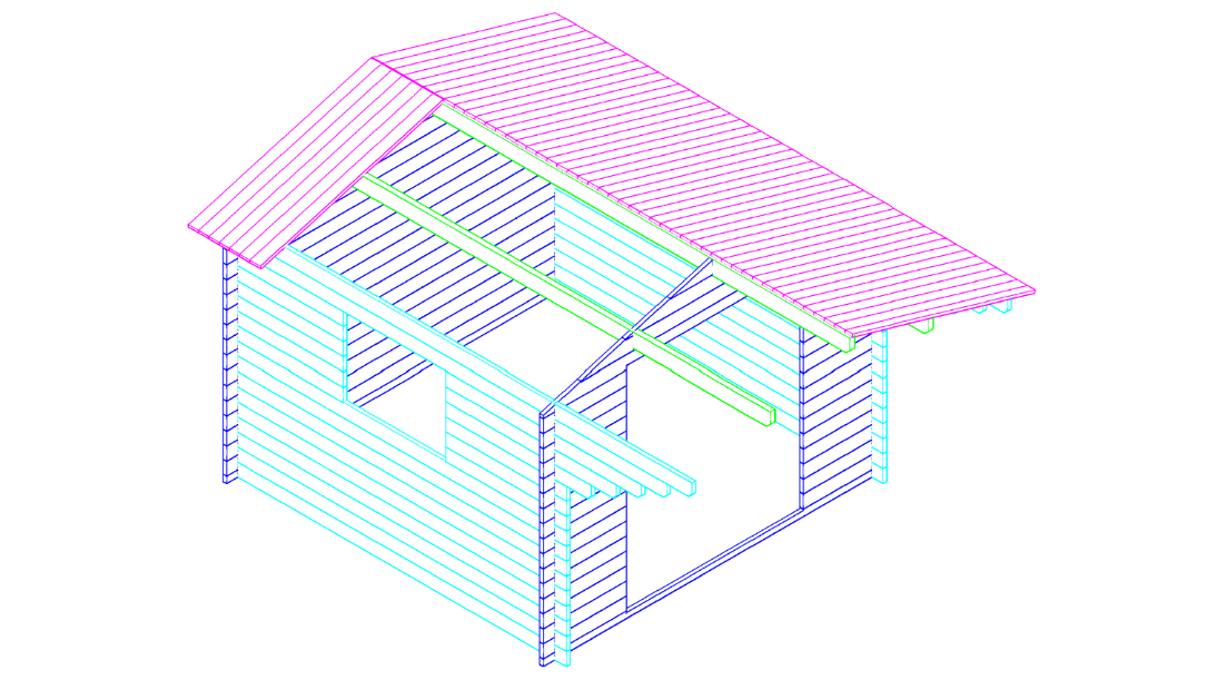3D-tekening van houten tuinhuis Interflex 3032 met zadeldak en overkapping