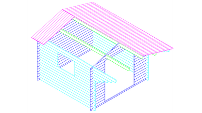 3D-tekening van houten tuinhuis Interflex 3032 met zadeldak en overkapping