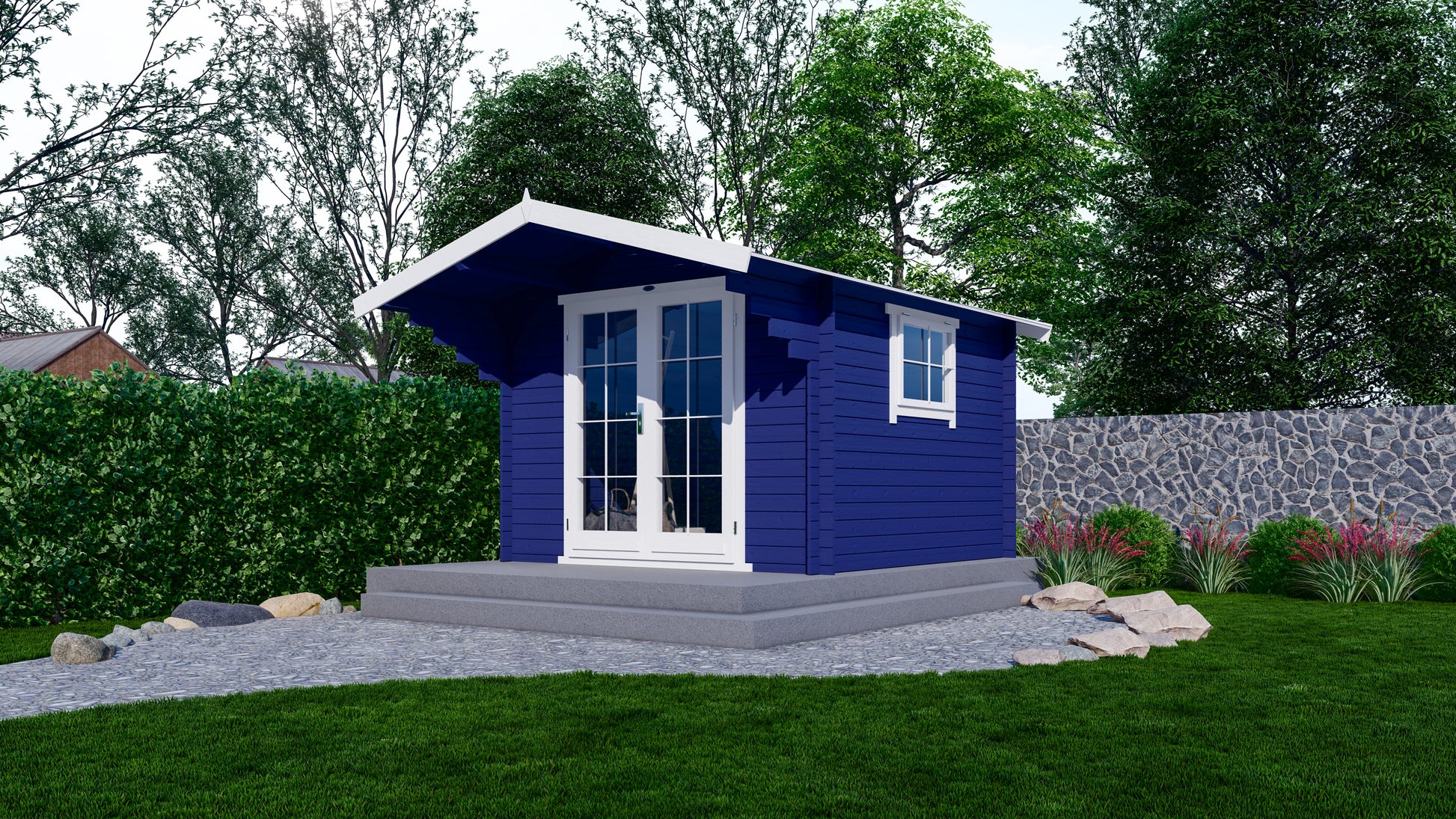 Blauw geschilderd tuinhuis Interflex 3032 met witte deuren op groot gazon