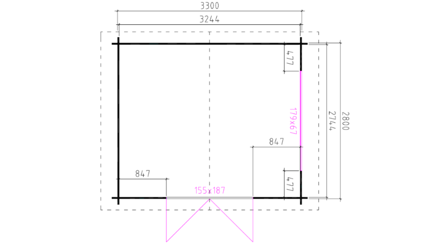 Technische plattegrond van tuinhuis Interflex 3530K met afmetingen en raam- en deurindeling