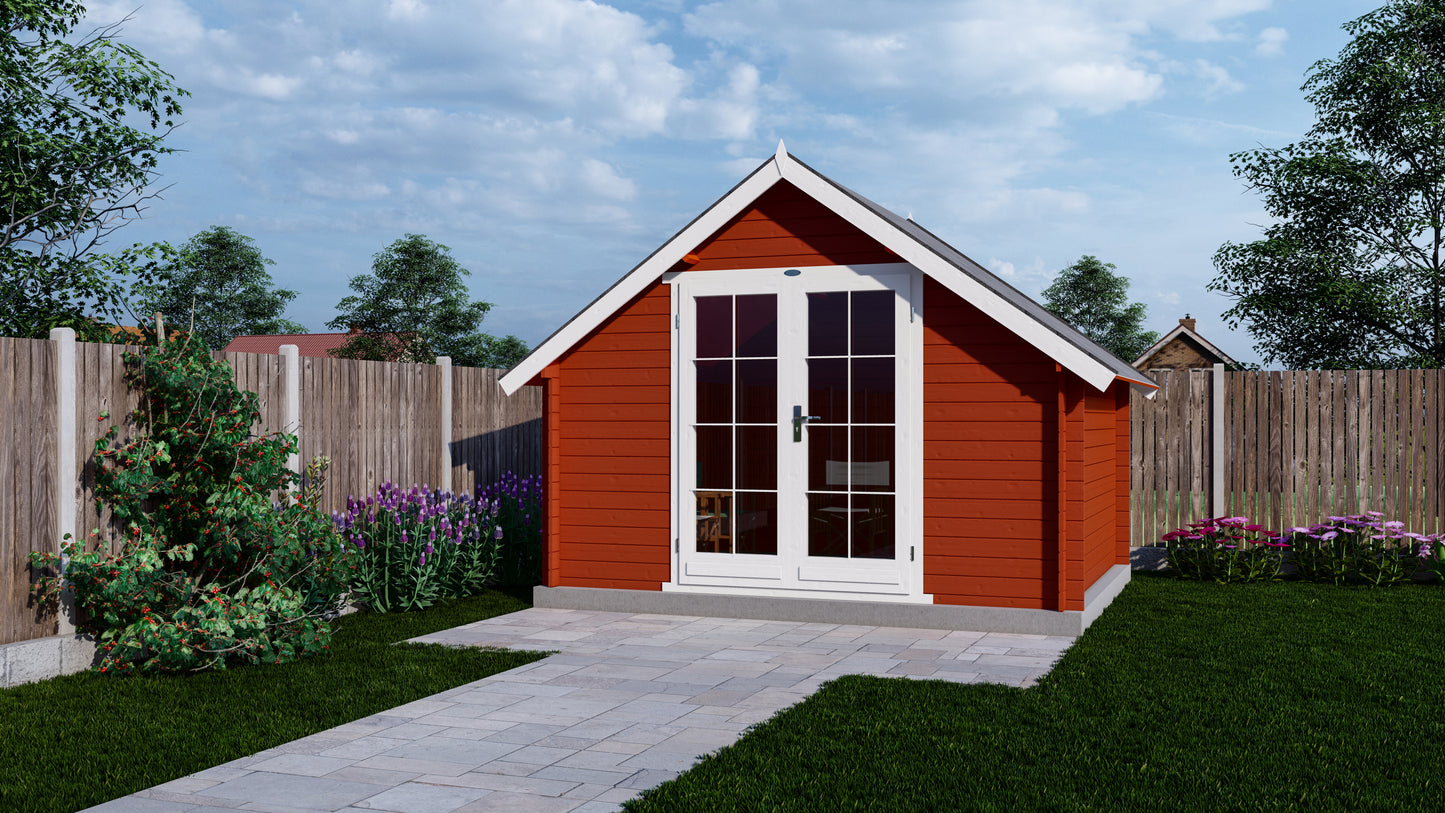 Rood tuinhuis Interflex 3530K met wit dakoverstek op ruim terras in achtertuin