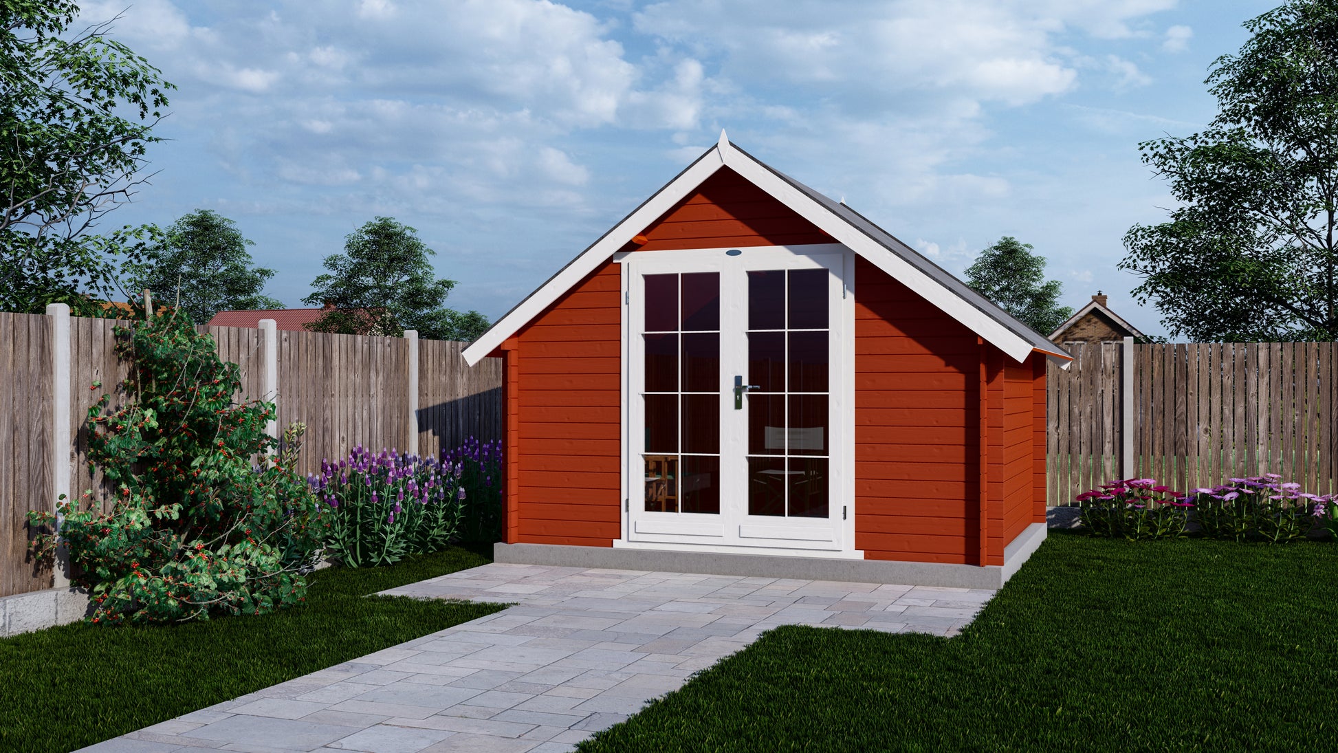 Rood tuinhuis Interflex 3530K met wit dakoverstek op ruim terras in achtertuin