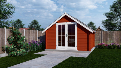 Rood tuinhuis Interflex 3530K met wit dakoverstek op ruim terras in achtertuin