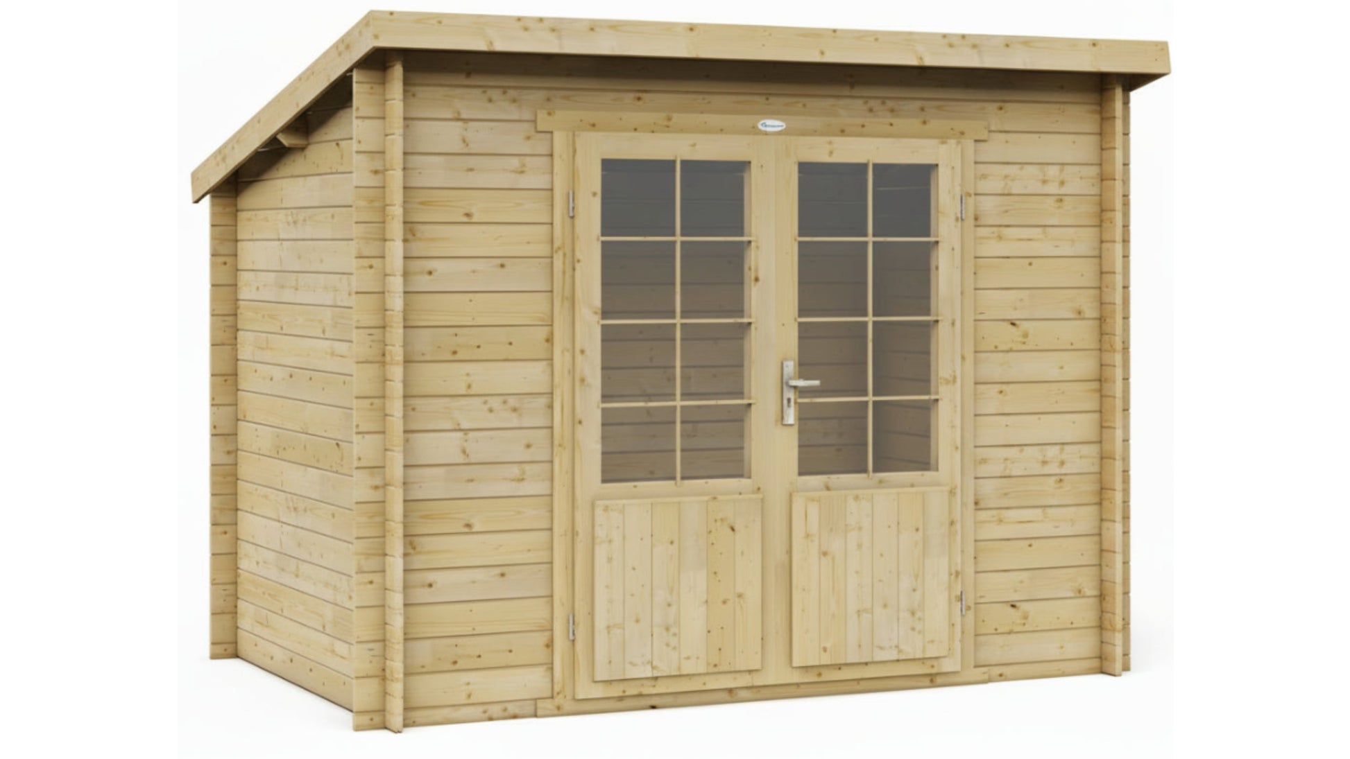 Losstaande houten blokhut Interflex 3020L met dubbele deur en ramen tegen witte achtergrond