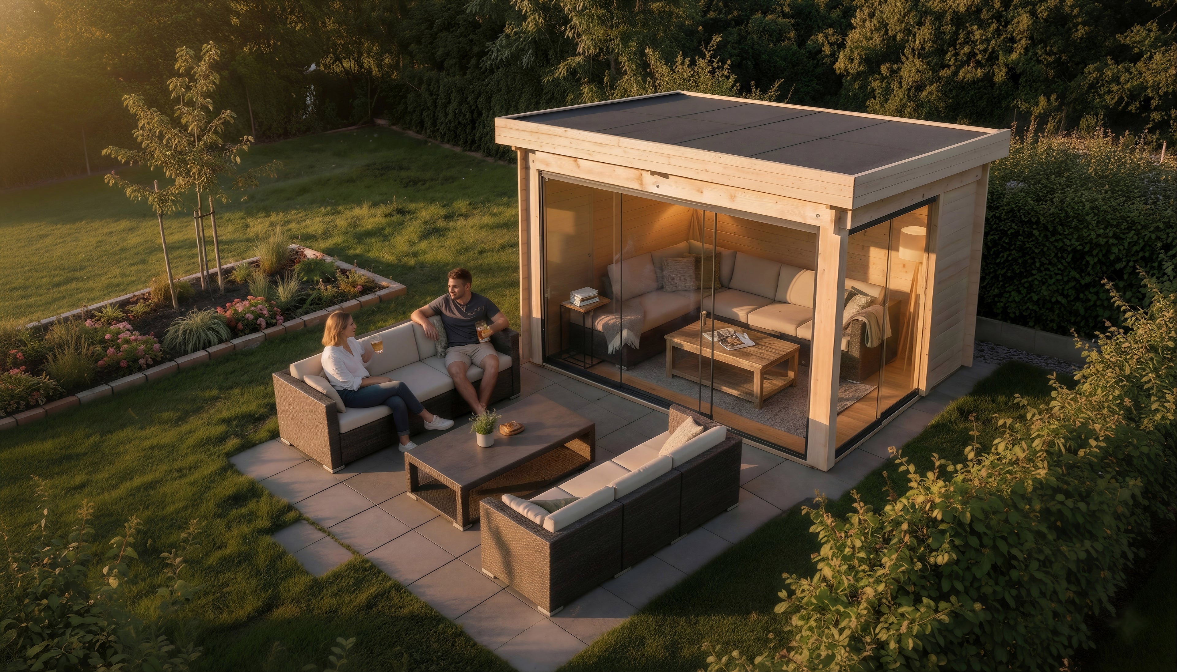 Vrienden die gezellig genieten van een glas wijn bij hun moderne duurzame tuinhuis met glazen pui in de avondzon

