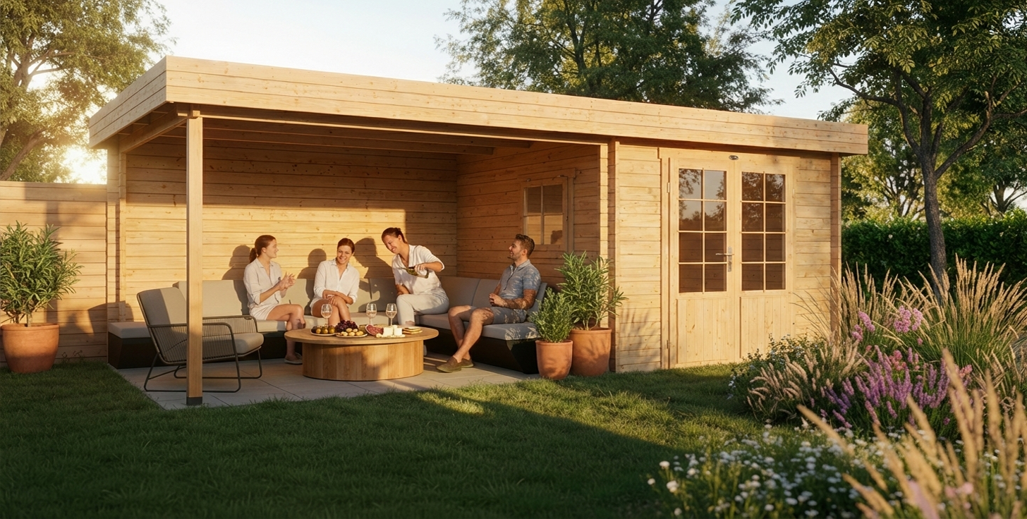 Modern houten tuinhuis van Interflex met overkapping waar vrienden ontspannen in de avondzon genieten